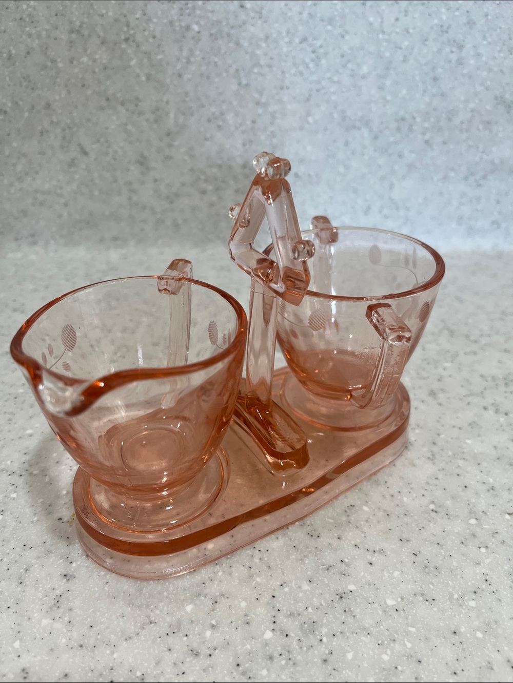 Vtg Pink Depression Glass Etched Cream & Sugar Set W/Art Deco Caddy *READ*